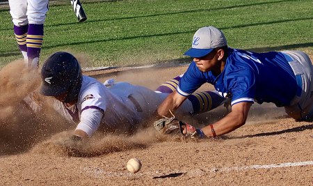 After terrific baseball season, the talented Tigers, at 19-8 overall, fall in Division II to visiting Lompoc Braves Lemoore's Israel Ramos scores as the ball rolls away from Lompoc's Andrew Aguilar in Friday's Division II playoff game in Lemoore.